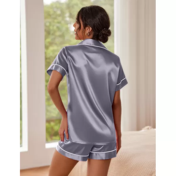 imageEkouaer Satin Pajamas for Women Button Down Sleepwear Soft Silk Loungewear Short Sleeve Top and Shorts Pjs SXXLGrey
