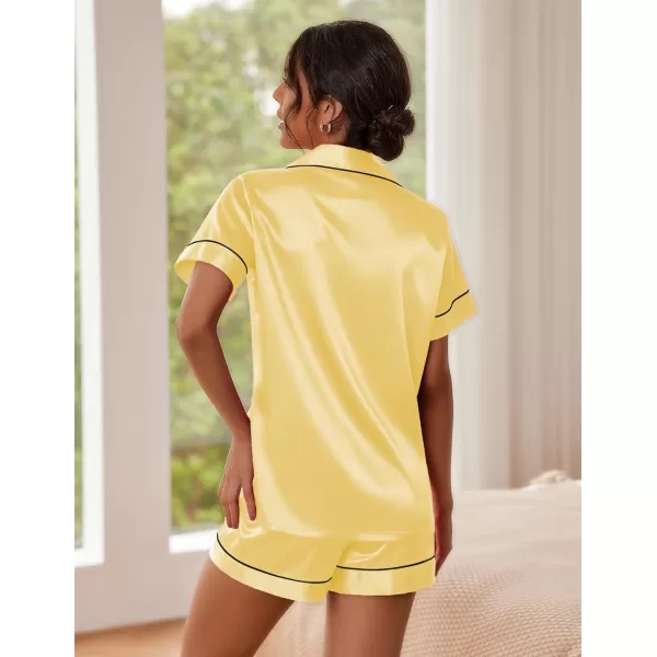 imageEkouaer Satin Pajamas for Women Button Down Sleepwear Soft Silk Loungewear Short Sleeve Top and Shorts Pjs SXXLLight Yellow