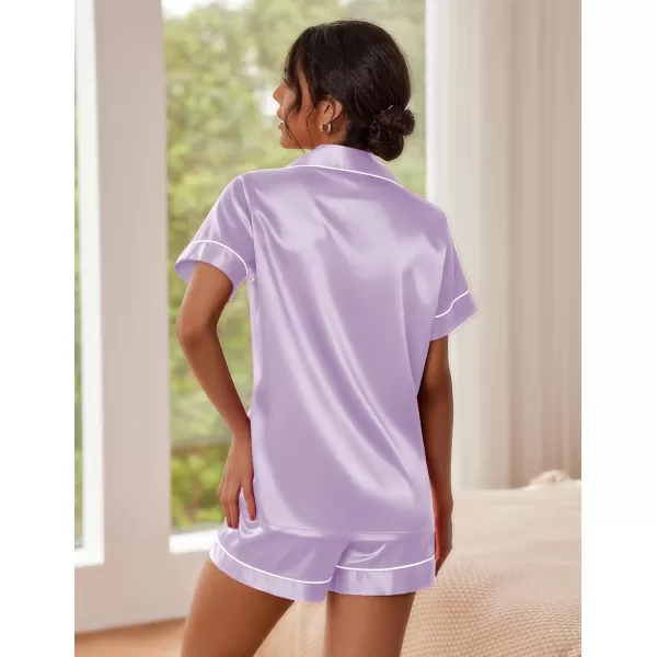 imageEkouaer Satin Pajamas for Women Button Down Sleepwear Soft Silk Loungewear Short Sleeve Top and Shorts Pjs SXXLLilac