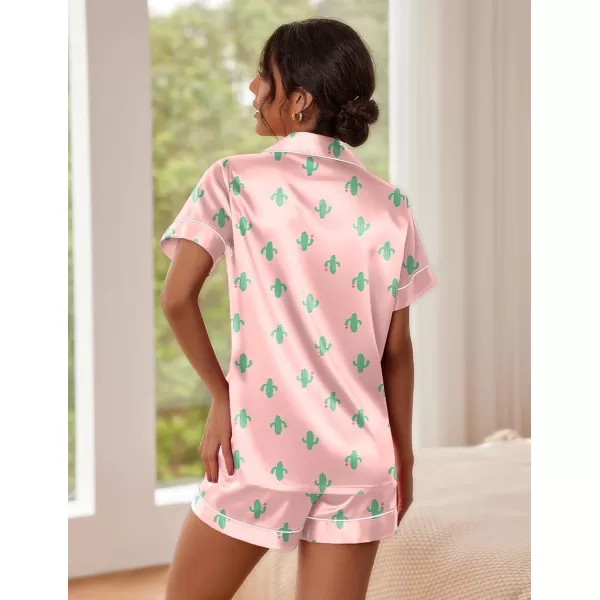 imageEkouaer Satin Pajamas for Women Button Down Sleepwear Soft Silk Loungewear Short Sleeve Top and Shorts Pjs SXXLPink Cactus