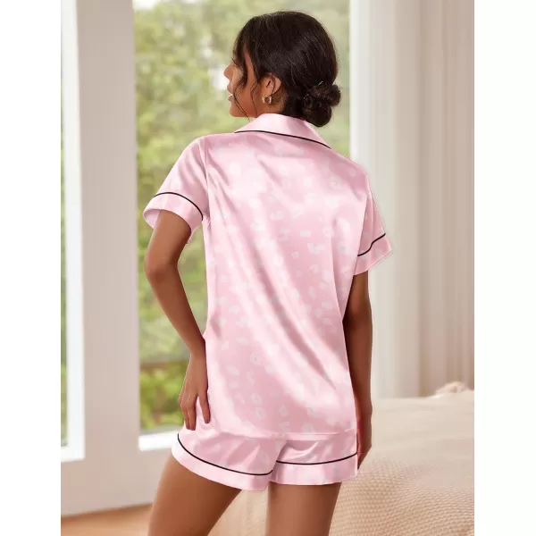 imageEkouaer Satin Pajamas for Women Button Down Sleepwear Soft Silk Loungewear Short Sleeve Top and Shorts Pjs SXXLPink Leopard