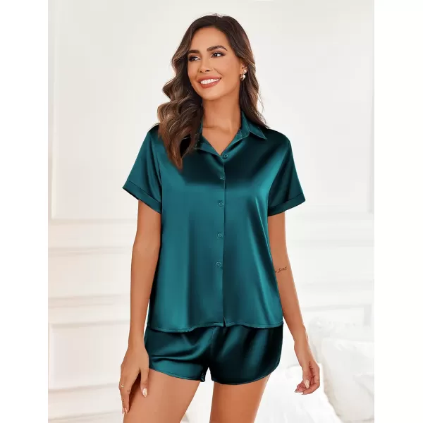 imageEkouaer Silk Pajamas for Women Short Sleeve Satin Pajama Set 2 Piece Button Down Loungewear SXXLDark Green