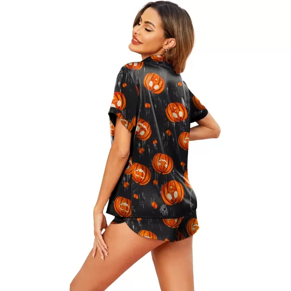 imageEkouaer Silk Pajamas for Women Short Sleeve Satin Pajama Set 2 Piece Button Down Loungewear SXXLHalloween Pumpkin