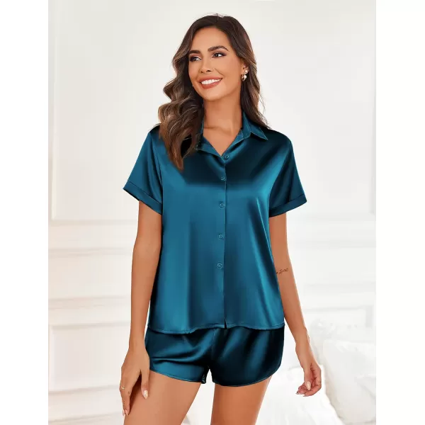 imageEkouaer Silk Pajamas for Women Short Sleeve Satin Pajama Set 2 Piece Button Down Loungewear SXXLPeacock Blue