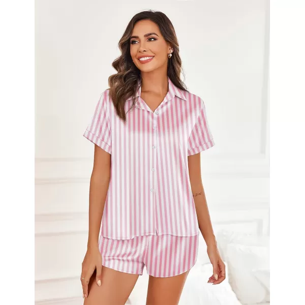 imageEkouaer Silk Pajamas for Women Short Sleeve Satin Pajama Set 2 Piece Button Down Loungewear SXXLPink Stripe