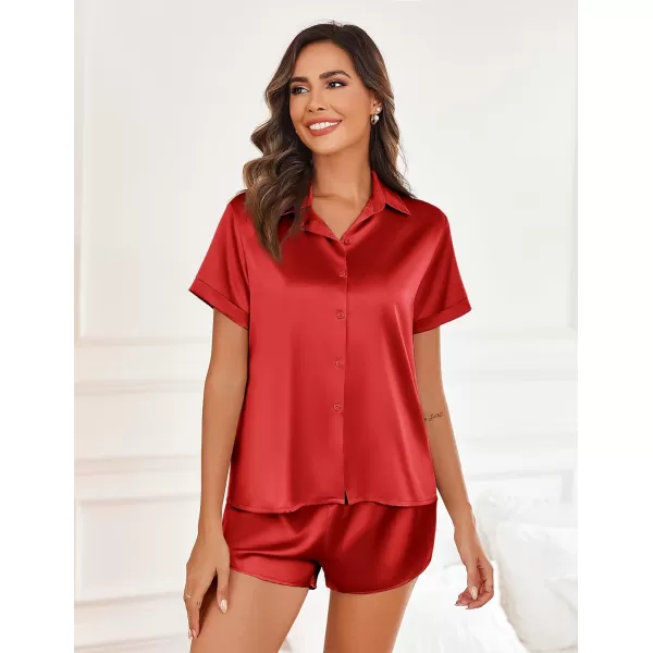 imageEkouaer Silk Pajamas for Women Short Sleeve Satin Pajama Set 2 Piece Button Down Loungewear SXXLRed