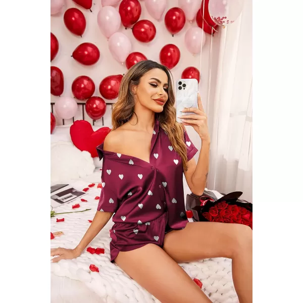 imageEkouaer Silk Pajamas for Women Short Sleeve Satin Pajama Set 2 Piece Button Down Loungewear SXXLRed Heart Print