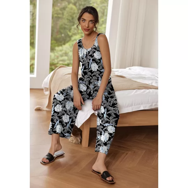 imageEkouaer Sleeveless Jumpsuits for Women Casual Summer Scoop Neck Tank Rompers Wide Leg Pants Overall Jumpers with PocketsBlackWhite Flower