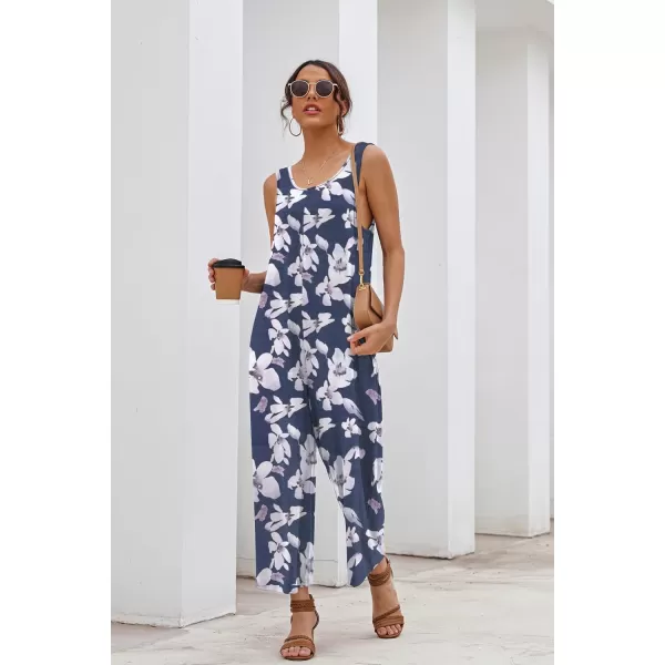 imageEkouaer Sleeveless Jumpsuits for Women Casual Summer Scoop Neck Tank Rompers Wide Leg Pants Overall Jumpers with PocketsBlueWhite Flower