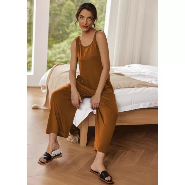 imageEkouaer Sleeveless Jumpsuits for Women Casual Summer Scoop Neck Tank Rompers Wide Leg Pants Overall Jumpers with PocketsBrown