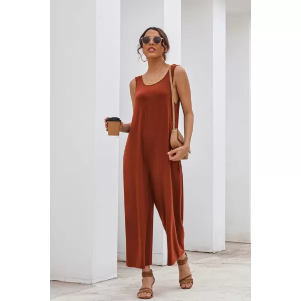 imageEkouaer Sleeveless Jumpsuits for Women Casual Summer Scoop Neck Tank Rompers Wide Leg Pants Overall Jumpers with PocketsCaramel