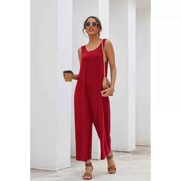 imageEkouaer Sleeveless Jumpsuits for Women Casual Summer Scoop Neck Tank Rompers Wide Leg Pants Overall Jumpers with PocketsDeep Red