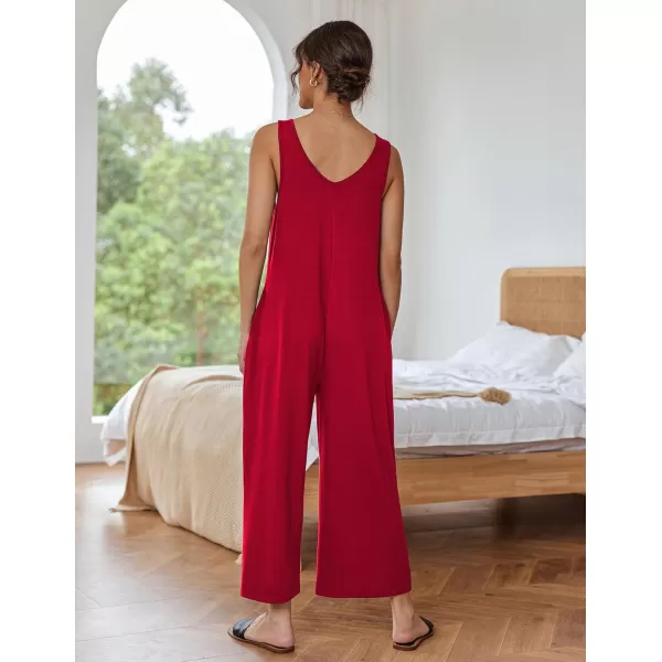 imageEkouaer Sleeveless Jumpsuits for Women Casual Summer Scoop Neck Tank Rompers Wide Leg Pants Overall Jumpers with PocketsDeep Red