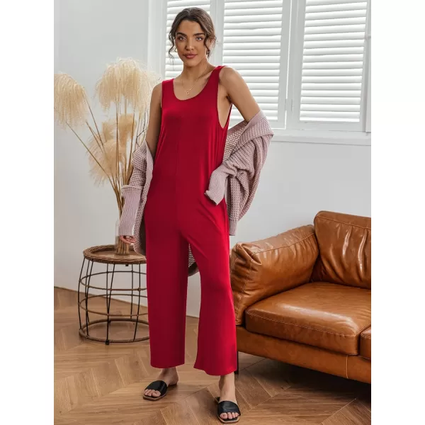 imageEkouaer Sleeveless Jumpsuits for Women Casual Summer Scoop Neck Tank Rompers Wide Leg Pants Overall Jumpers with PocketsDeep Red