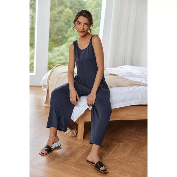 imageEkouaer Sleeveless Jumpsuits for Women Casual Summer Scoop Neck Tank Rompers Wide Leg Pants Overall Jumpers with PocketsNavy Blue