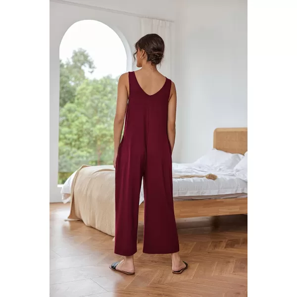 imageEkouaer Sleeveless Jumpsuits for Women Casual Summer Scoop Neck Tank Rompers Wide Leg Pants Overall Jumpers with PocketsWine Red