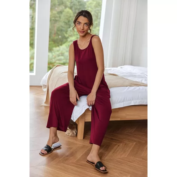 imageEkouaer Sleeveless Jumpsuits for Women Casual Summer Scoop Neck Tank Rompers Wide Leg Pants Overall Jumpers with PocketsWine Red