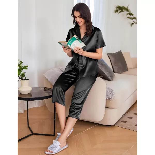 imageEkouaer Womens Satin Pajamas Silk Capri Pjs 2 Piece Lounge Sets Short Sleeve Button Down SleepwearBlack