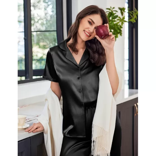 imageEkouaer Womens Satin Pajamas Silk Capri Pjs 2 Piece Lounge Sets Short Sleeve Button Down SleepwearBlack