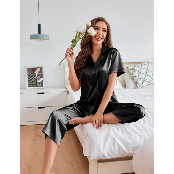 imageEkouaer Womens Satin Pajamas Silk Capri Pjs 2 Piece Lounge Sets Short Sleeve Button Down SleepwearBlack