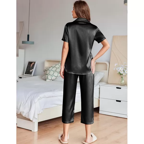 imageEkouaer Womens Satin Pajamas Silk Capri Pjs 2 Piece Lounge Sets Short Sleeve Button Down SleepwearBlack