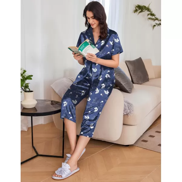 imageEkouaer Womens Satin Pajamas Silk Capri Pjs 2 Piece Lounge Sets Short Sleeve Button Down SleepwearBluewhite Flower
