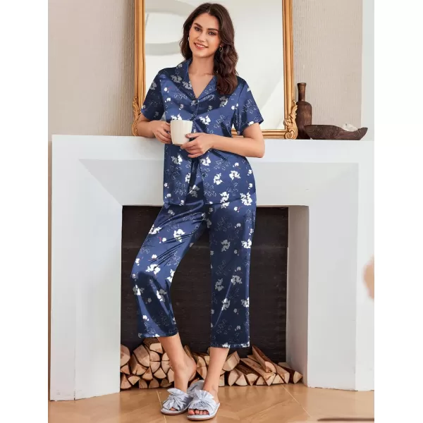 imageEkouaer Womens Satin Pajamas Silk Capri Pjs 2 Piece Lounge Sets Short Sleeve Button Down SleepwearBluewhite Flower