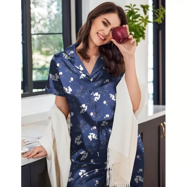 imageEkouaer Womens Satin Pajamas Silk Capri Pjs 2 Piece Lounge Sets Short Sleeve Button Down SleepwearBluewhite Flower