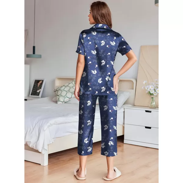 imageEkouaer Womens Satin Pajamas Silk Capri Pjs 2 Piece Lounge Sets Short Sleeve Button Down SleepwearBluewhite Flower