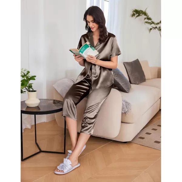 imageEkouaer Womens Satin Pajamas Silk Capri Pjs 2 Piece Lounge Sets Short Sleeve Button Down SleepwearBrown
