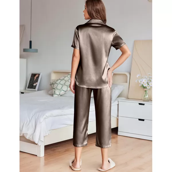imageEkouaer Womens Satin Pajamas Silk Capri Pjs 2 Piece Lounge Sets Short Sleeve Button Down SleepwearBrown