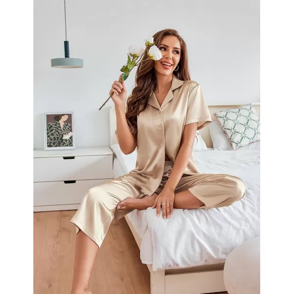 imageEkouaer Womens Satin Pajamas Silk Capri Pjs 2 Piece Lounge Sets Short Sleeve Button Down SleepwearChampagne