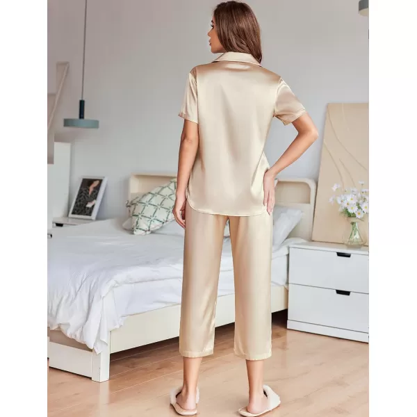 imageEkouaer Womens Satin Pajamas Silk Capri Pjs 2 Piece Lounge Sets Short Sleeve Button Down SleepwearChampagne