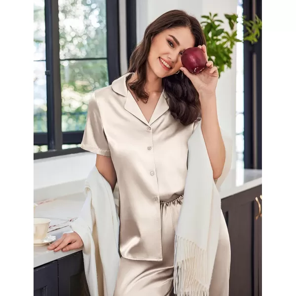 imageEkouaer Womens Satin Pajamas Silk Capri Pjs 2 Piece Lounge Sets Short Sleeve Button Down SleepwearChampagne