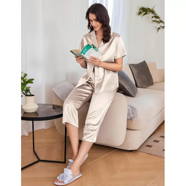 imageEkouaer Womens Satin Pajamas Silk Capri Pjs 2 Piece Lounge Sets Short Sleeve Button Down SleepwearChampagne