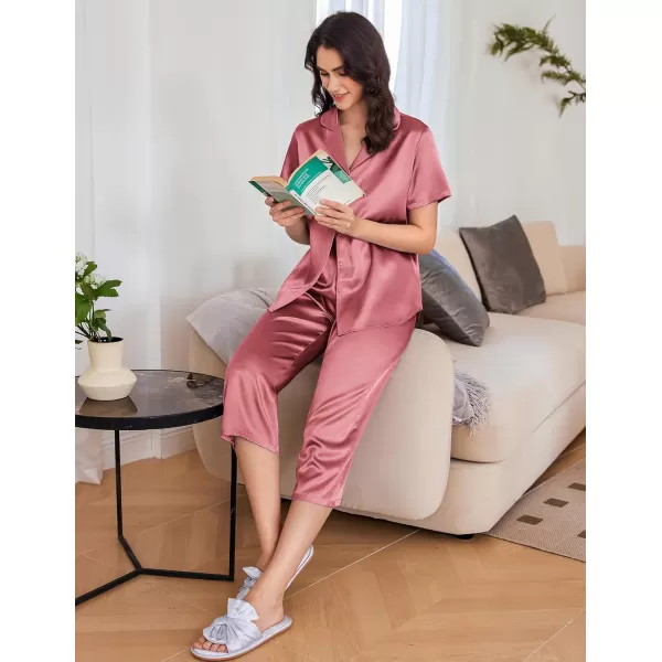 imageEkouaer Womens Satin Pajamas Silk Capri Pjs 2 Piece Lounge Sets Short Sleeve Button Down SleepwearDusty Rose