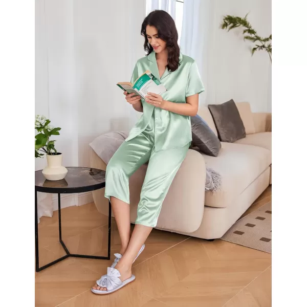 imageEkouaer Womens Satin Pajamas Silk Capri Pjs 2 Piece Lounge Sets Short Sleeve Button Down SleepwearGossamer Green