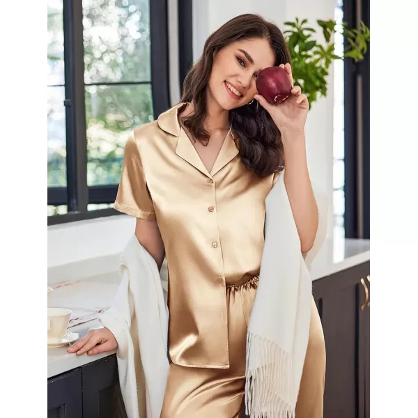 imageEkouaer Womens Satin Pajamas Silk Capri Pjs 2 Piece Lounge Sets Short Sleeve Button Down SleepwearKhaki