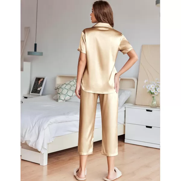 imageEkouaer Womens Satin Pajamas Silk Capri Pjs 2 Piece Lounge Sets Short Sleeve Button Down SleepwearKhaki