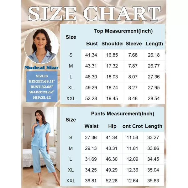 imageEkouaer Womens Satin Pajamas Silk Capri Pjs 2 Piece Lounge Sets Short Sleeve Button Down SleepwearLight Blue