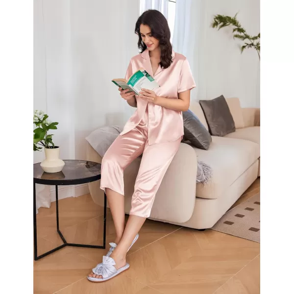 imageEkouaer Womens Satin Pajamas Silk Capri Pjs 2 Piece Lounge Sets Short Sleeve Button Down SleepwearLight Pink