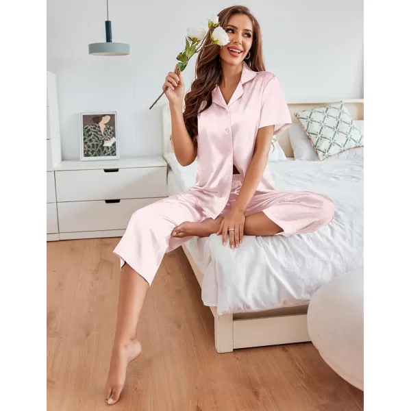 imageEkouaer Womens Satin Pajamas Silk Capri Pjs 2 Piece Lounge Sets Short Sleeve Button Down SleepwearLight Pink Leopard Print