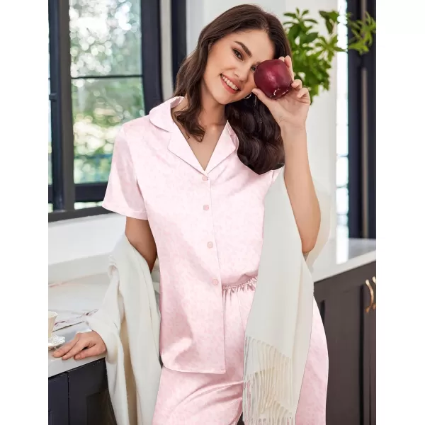 imageEkouaer Womens Satin Pajamas Silk Capri Pjs 2 Piece Lounge Sets Short Sleeve Button Down SleepwearLight Pink Leopard Print