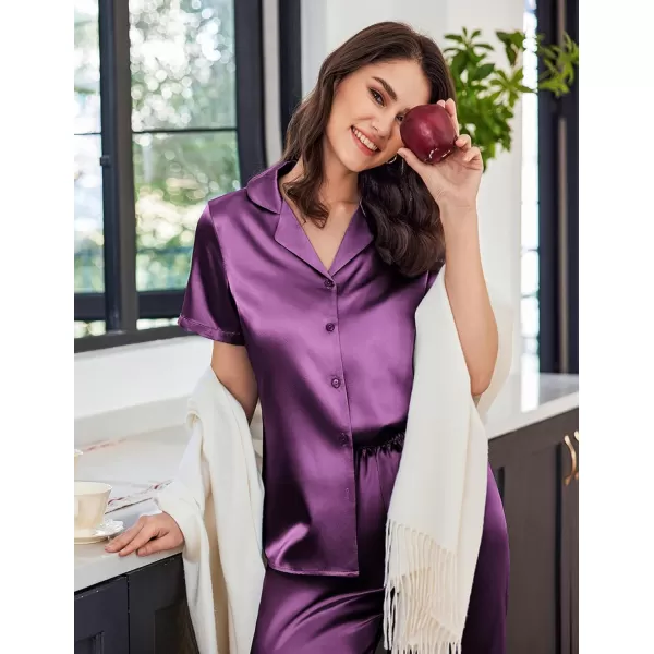 imageEkouaer Womens Satin Pajamas Silk Capri Pjs 2 Piece Lounge Sets Short Sleeve Button Down SleepwearPurple Wine
