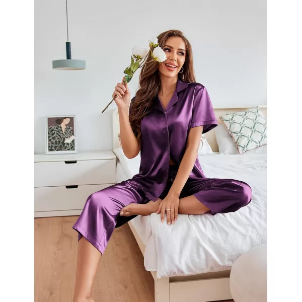 imageEkouaer Womens Satin Pajamas Silk Capri Pjs 2 Piece Lounge Sets Short Sleeve Button Down SleepwearPurple Wine