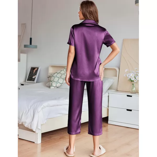imageEkouaer Womens Satin Pajamas Silk Capri Pjs 2 Piece Lounge Sets Short Sleeve Button Down SleepwearPurple Wine
