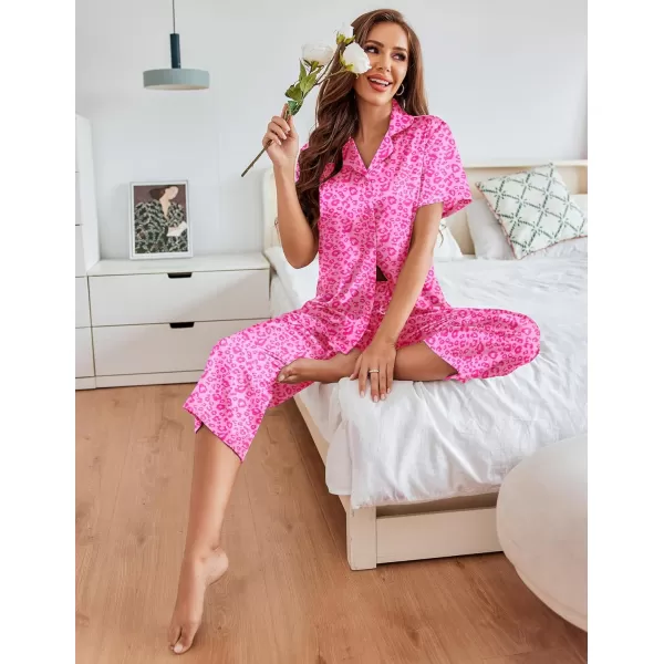 imageEkouaer Womens Satin Pajamas Silk Capri Pjs 2 Piece Lounge Sets Short Sleeve Button Down SleepwearRose Leopard