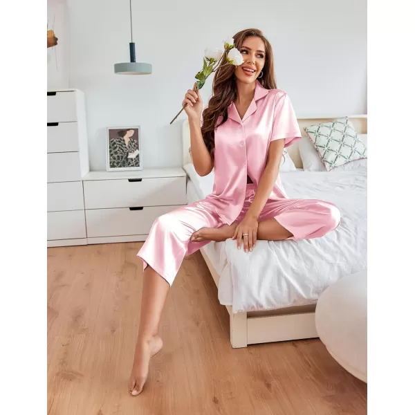 imageEkouaer Womens Satin Pajamas Silk Capri Pjs 2 Piece Lounge Sets Short Sleeve Button Down SleepwearVeiled Rose
