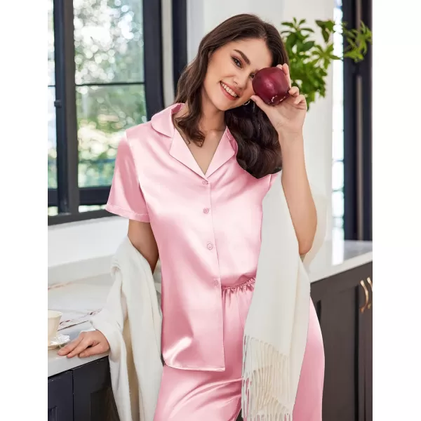 imageEkouaer Womens Satin Pajamas Silk Capri Pjs 2 Piece Lounge Sets Short Sleeve Button Down SleepwearVeiled Rose