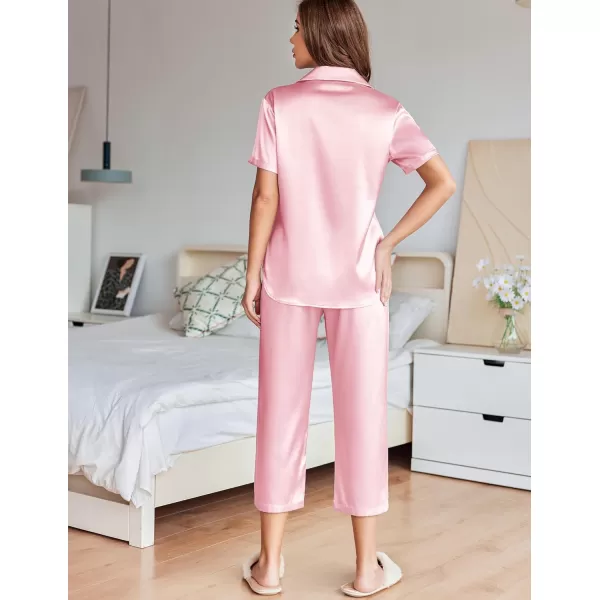 imageEkouaer Womens Satin Pajamas Silk Capri Pjs 2 Piece Lounge Sets Short Sleeve Button Down SleepwearVeiled Rose